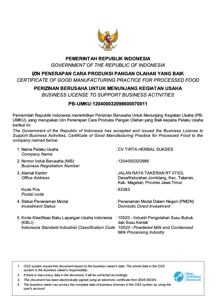 Sertifikat CPPOB Susu Bubuk