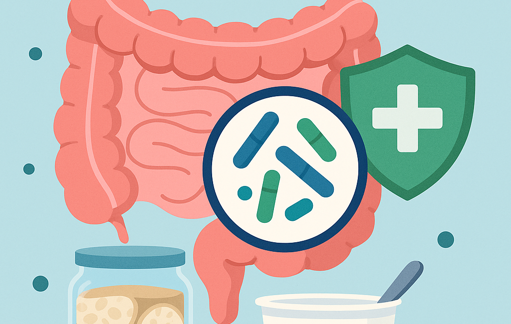 Ilustrasi digital bergaya flat yang menunjukkan hubungan antara probiotik dan kesehatan usus serta imunitas. Gambar menampilkan usus besar berwarna pink, ikon mikroorganisme probiotik dalam lingkaran pembesar, perisai hijau dengan simbol plus putih sebagai simbol sistem imun, serta makanan sumber probiotik seperti yogurt dan tempe dalam toples kaca. Latar belakang biru muda dengan teks "KESEHATAN USUS DAN IMUNITAS" di bagian atas.