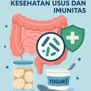 Ilustrasi digital bergaya flat yang menunjukkan hubungan antara probiotik dan kesehatan usus serta imunitas. Gambar menampilkan usus besar berwarna pink, ikon mikroorganisme probiotik dalam lingkaran pembesar, perisai hijau dengan simbol plus putih sebagai simbol sistem imun, serta makanan sumber probiotik seperti yogurt dan tempe dalam toples kaca. Latar belakang biru muda dengan teks "KESEHATAN USUS DAN IMUNITAS" di bagian atas.